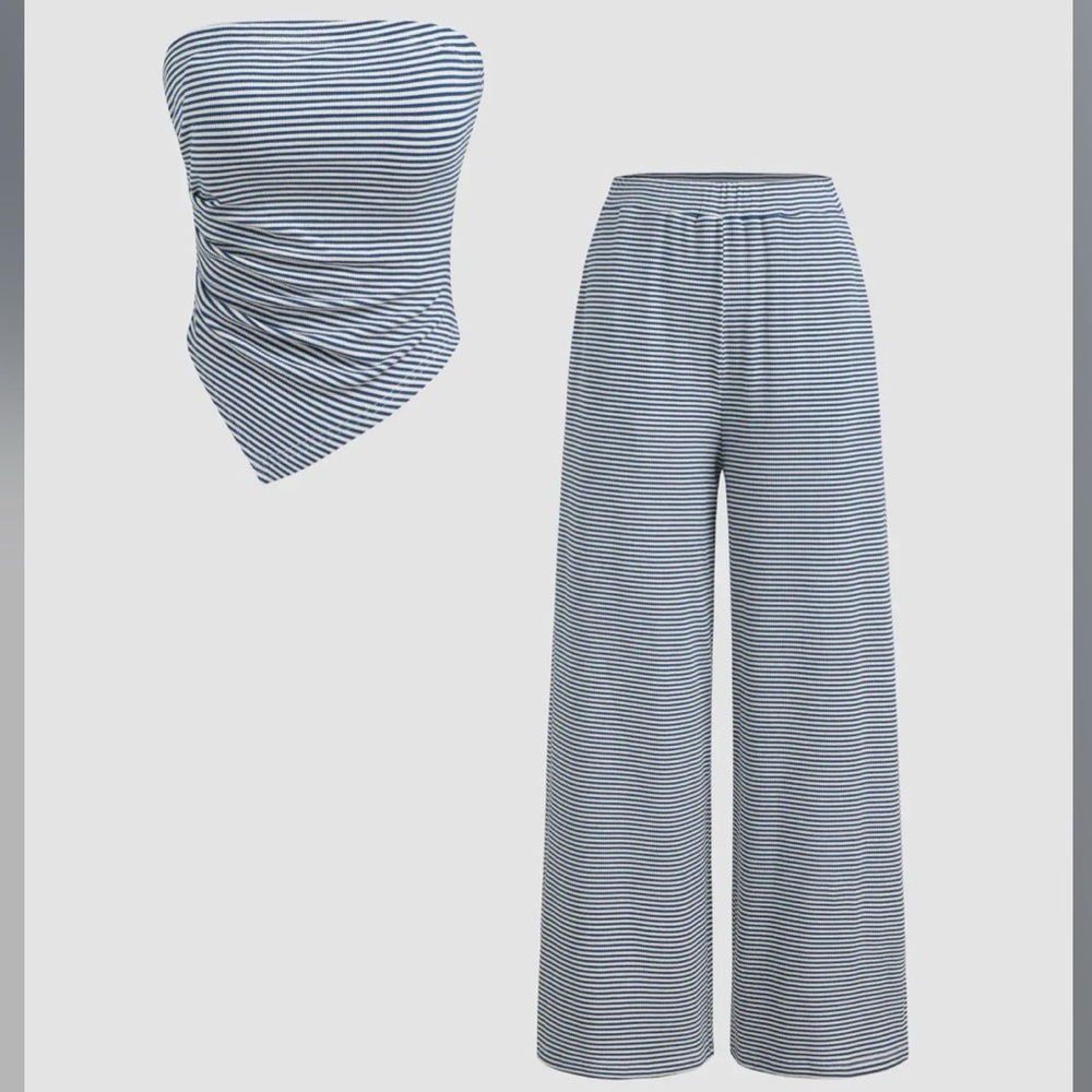 STRAPLESS STRIPED SET | ASYMMETRICAL HEM TUBE TOP & WIDE LEG TROUSERS